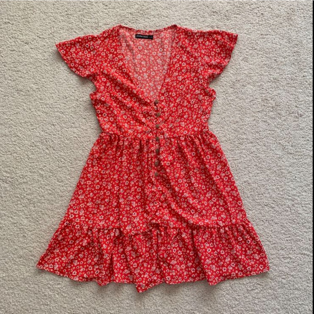 Sundae Muse red floral button down dress